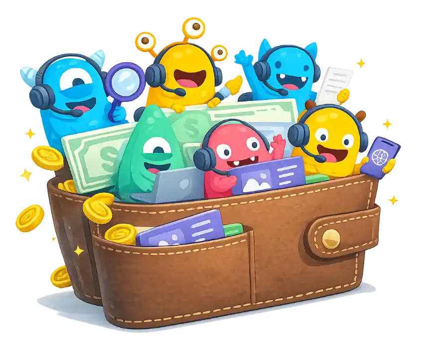 Colourful monsters with computer devices sat inside a brown wallet