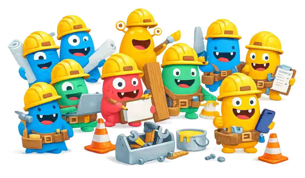 Colourful monsters holding construction tools and wearing hard hats