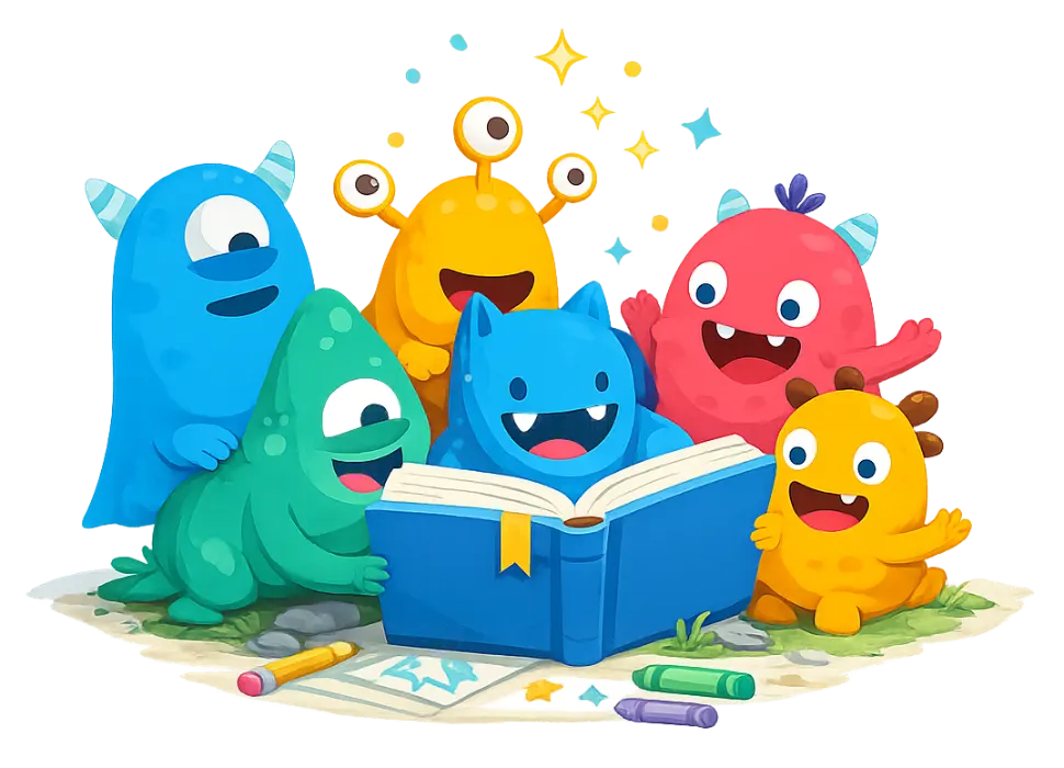 Colourful monsters gathered around reading a blue book together