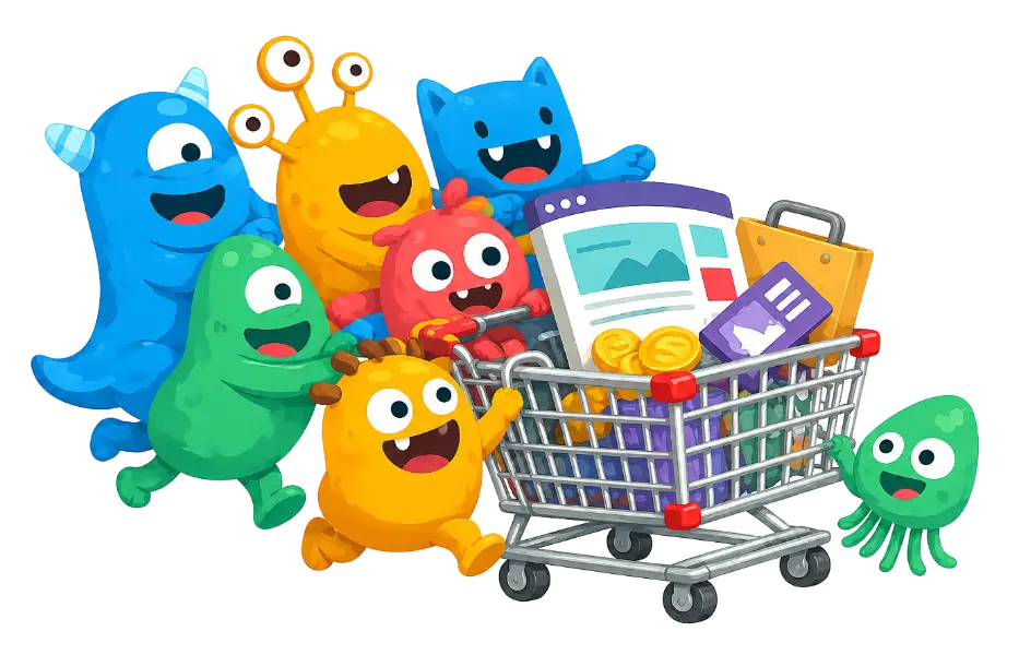 Colourful monsters pushing a trolley full of website related items