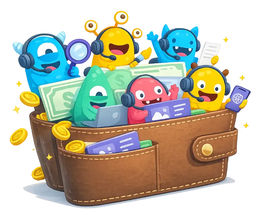 Colourful monsters coming out of a wallet