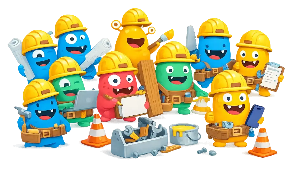 Colourful monsters holding construction tools and wearing hard hats