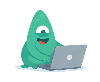 A green monster working on a laptop