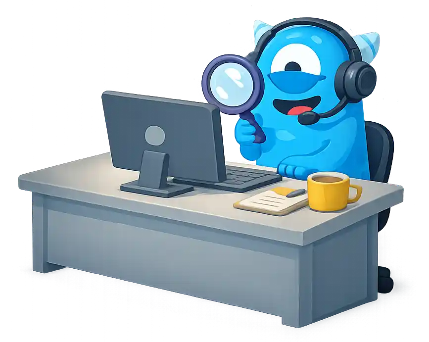 A blue monster with a headset and magnifying glass working at a computer on a desk